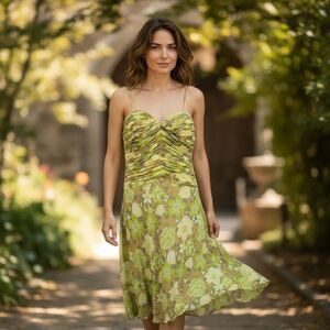 Chetta B Silk Midi Dress Y2K Floral Wasabi Green Ruched Pleat Bodice Fairycore